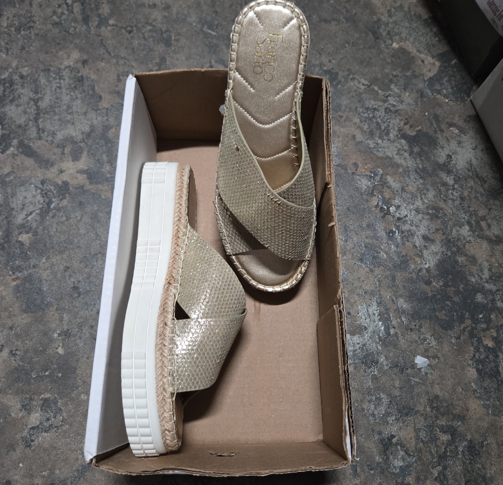 Franco Sarto Glitter Beige Crisscross Platform Slide Platform Sandals New